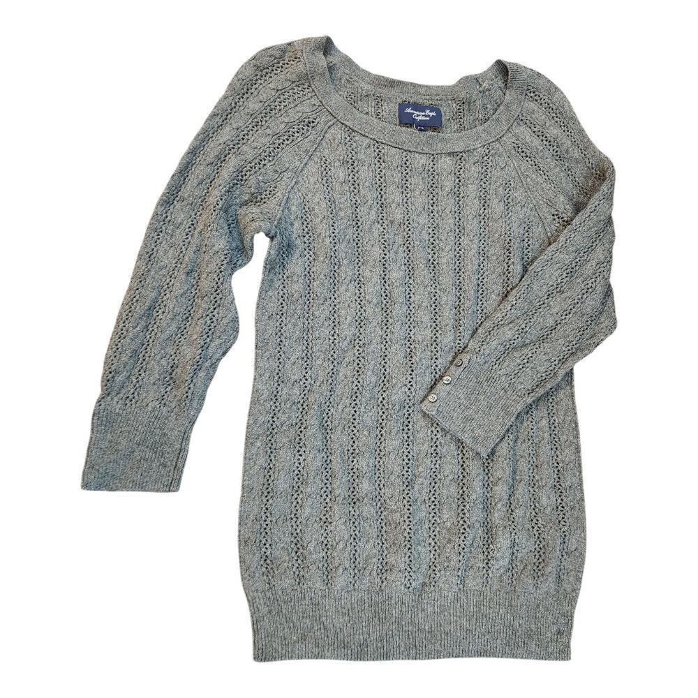American Eagle Sweater Women XL Gray Cable Knit Scoop Neck‎ 3/4 Sleeve Button